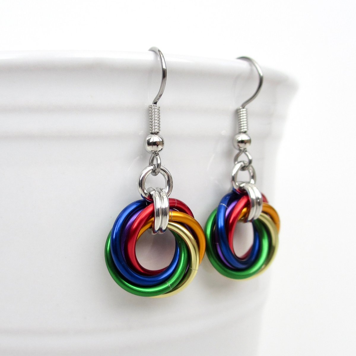 Rainbow gay pride earrings, love knot chainmail jewelry, LGBTQ pride