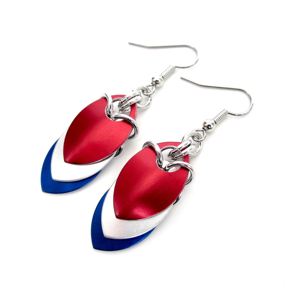 Red, white and blue chainmail scales earrings, USA patriotic pride