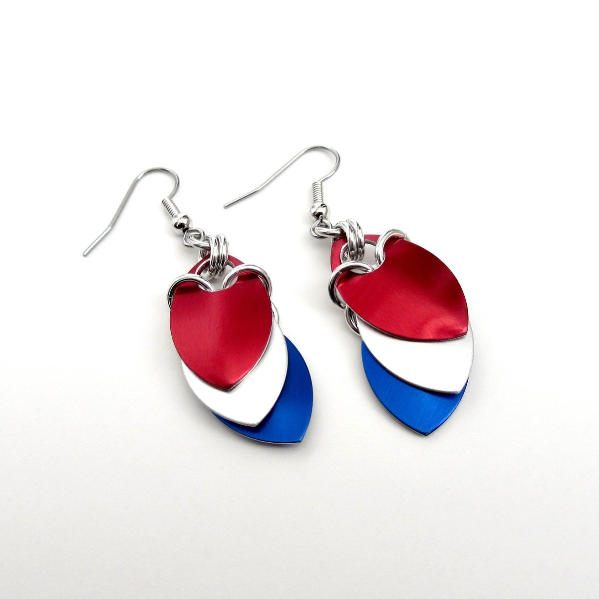 Red, white and blue chainmail scales earrings, USA patriotic pride