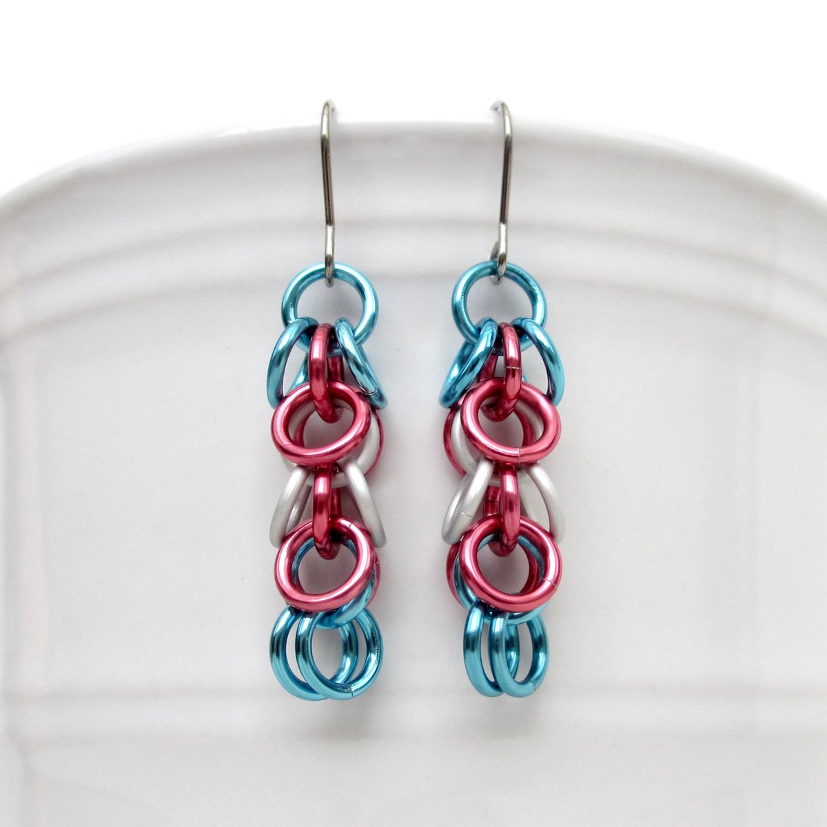 Trans pride earrings, chainmail shaggy loops weave, LGBTQ jewelry