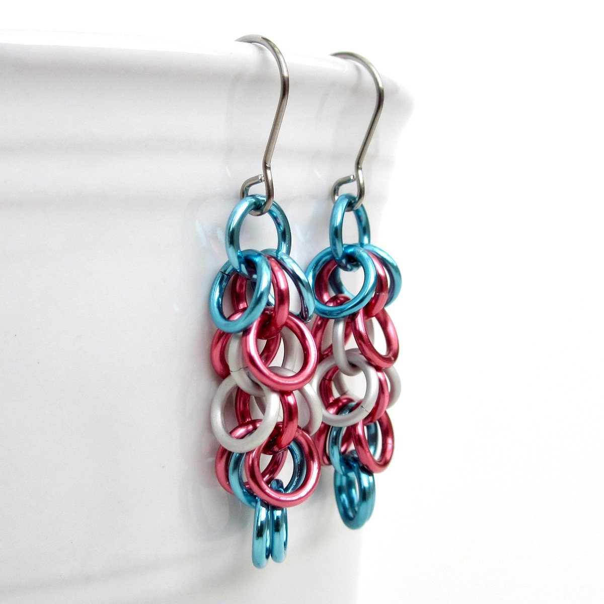 Trans pride earrings, chainmail shaggy loops weave, LGBTQ jewelry