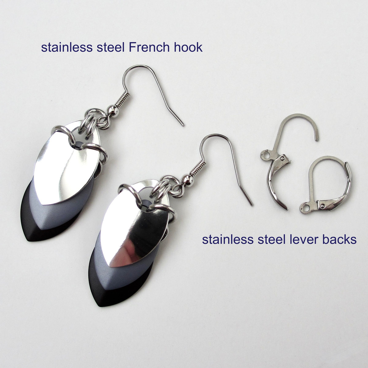 Black, gray and silver aluminum chainmail scales earrings