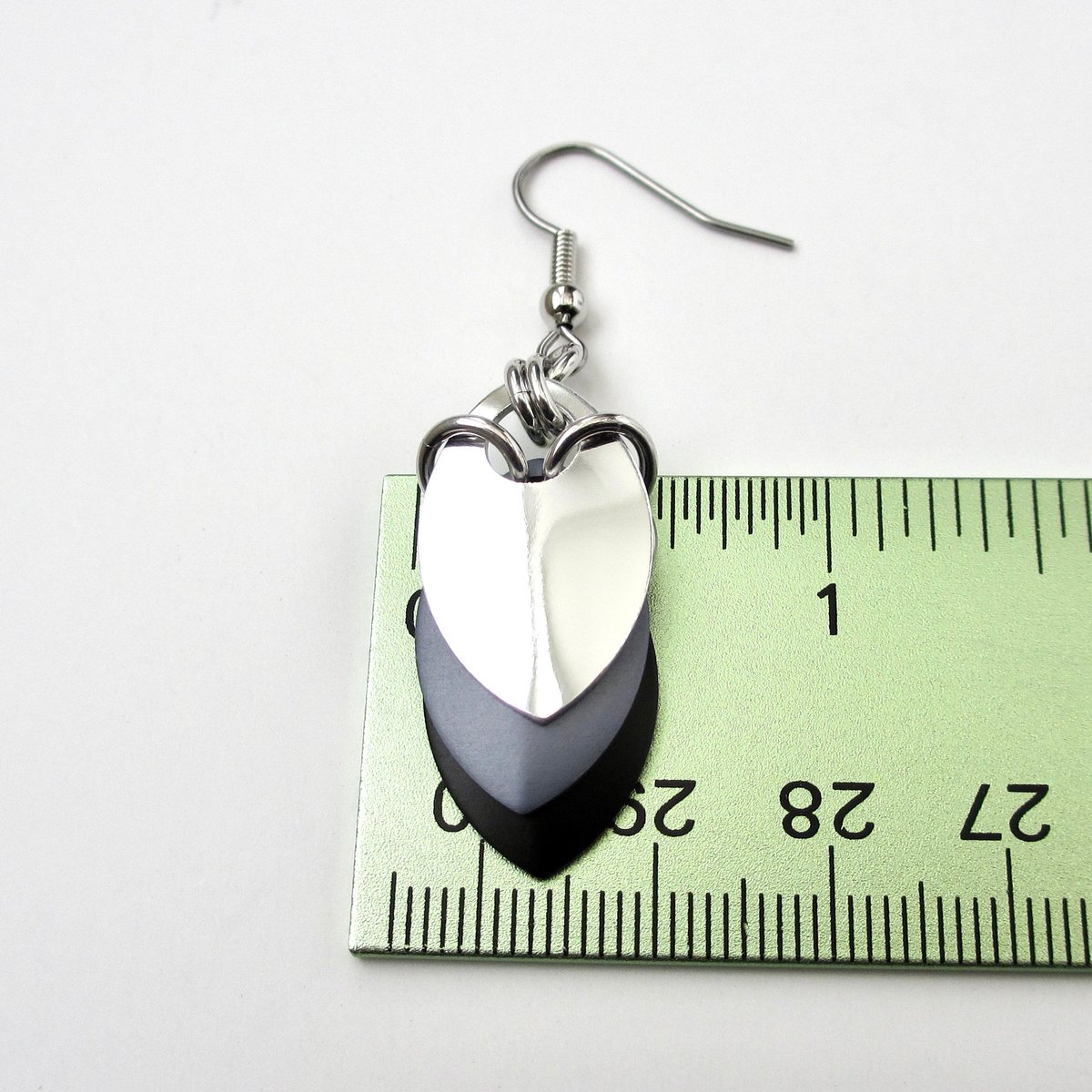 Black, gray and silver aluminum chainmail scales earrings