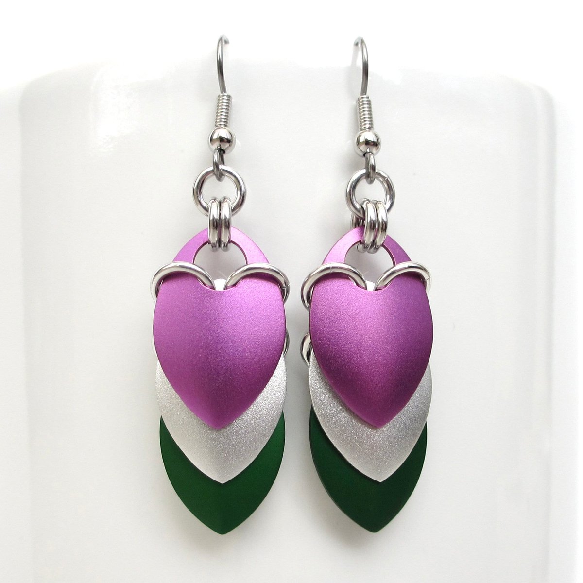 Genderqueer pride earrings, chainmail scales LGBTQ jewelry - lavender, white, green
