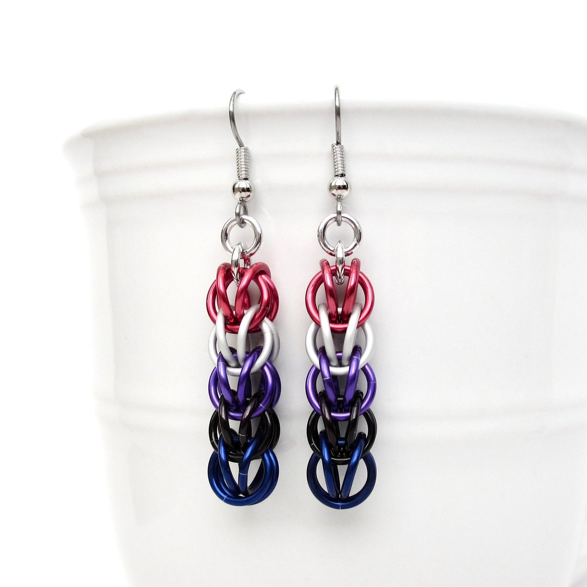 Genderfluid pride earrings, chainmail full Persian weave, lightweight anodized aluminum jewelry