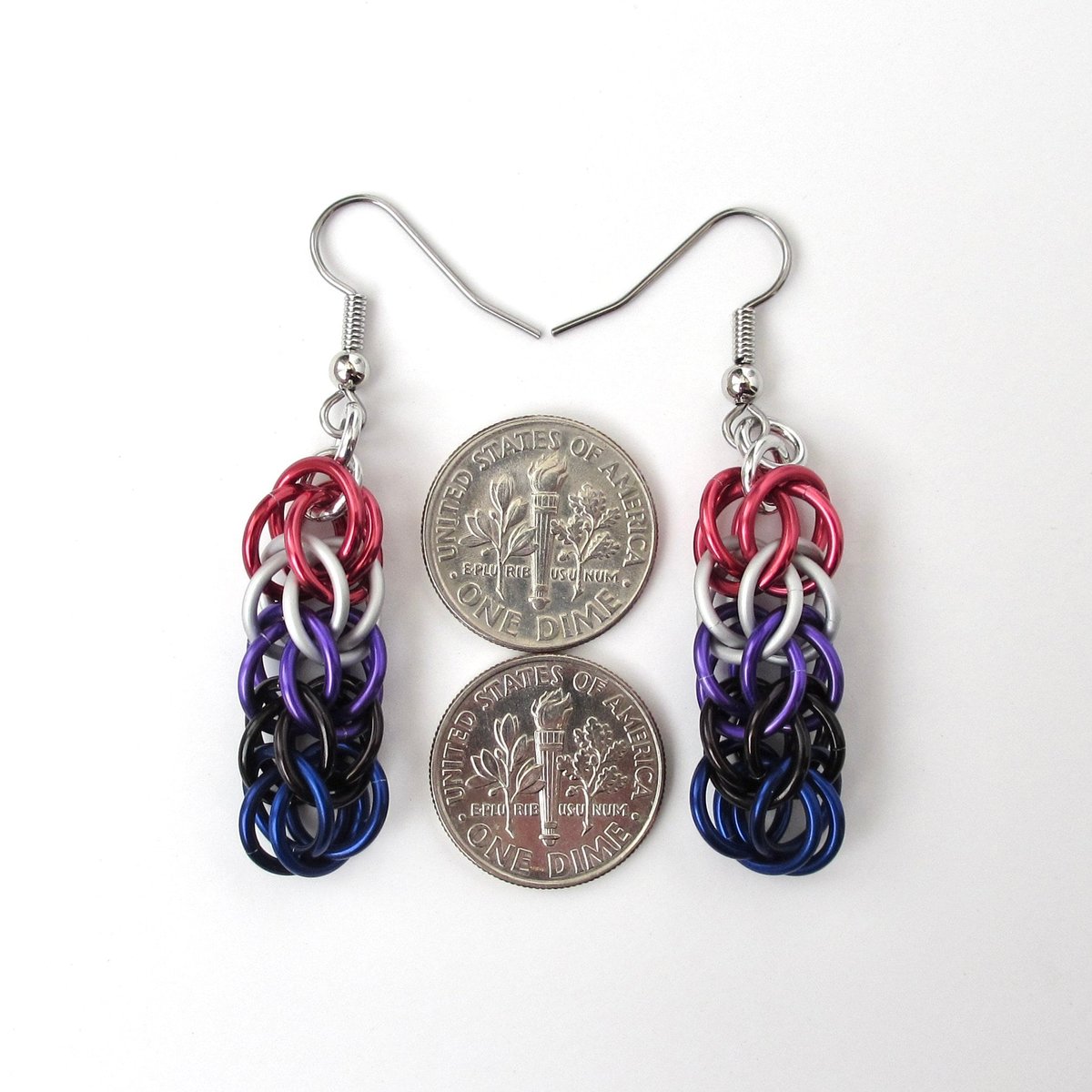 Genderfluid pride earrings, chainmail full Persian weave, lightweight anodized aluminum jewelry