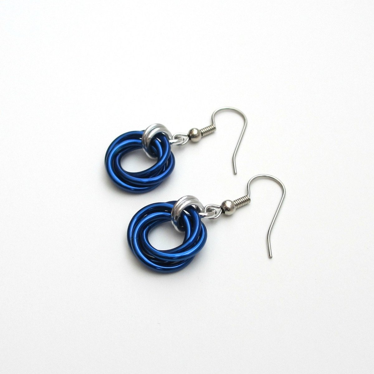 Blue chainmaille Love Knot earrings, small blue hoop earrings, petite jewelry, chainmaille jewelry