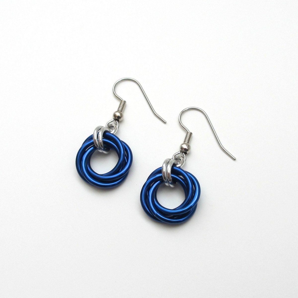 Blue chainmaille Love Knot earrings, small blue hoop earrings, petite jewelry, chainmaille jewelry