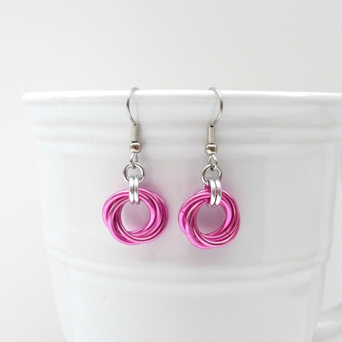 Hot pink love knot chainmail earrings