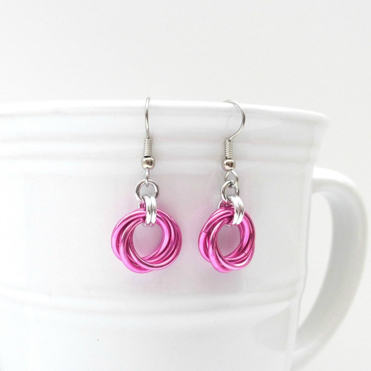 Hot pink love knot chainmail earrings