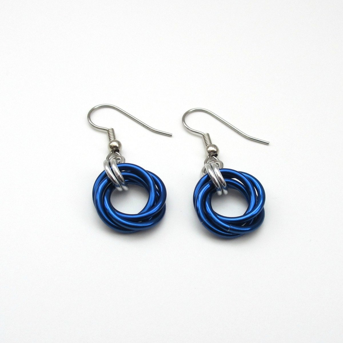 Blue chainmaille Love Knot earrings, small blue hoop earrings, petite jewelry, chainmaille jewelry