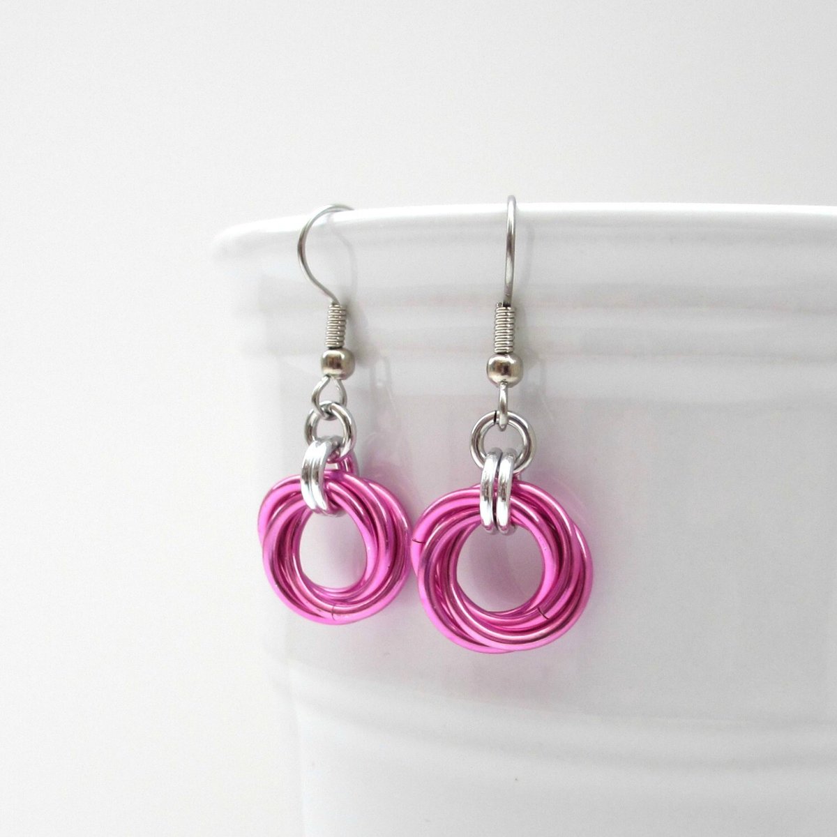 Hot pink love knot chainmail earrings
