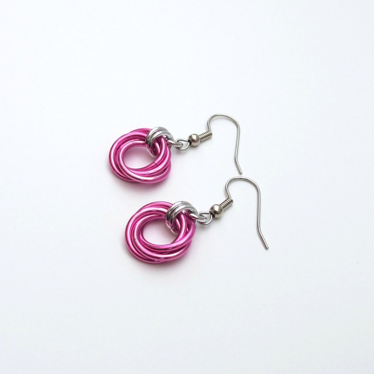 Hot pink love knot chainmail earrings