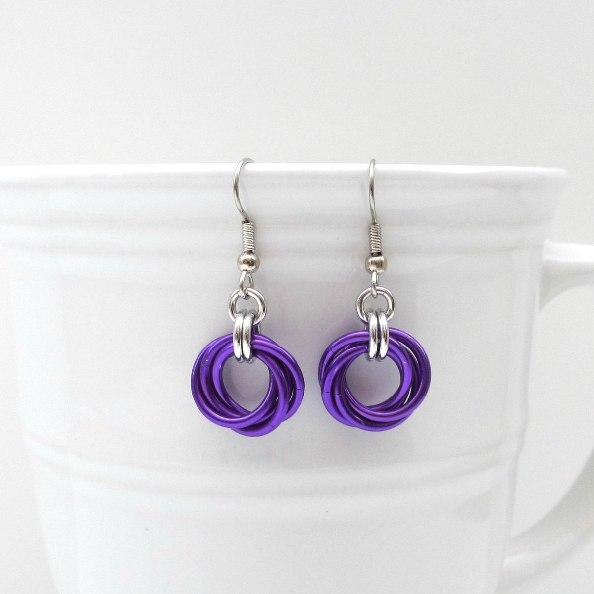 Purple love knot earrings, chainmail earrings, purple jewelry, small circle earrings