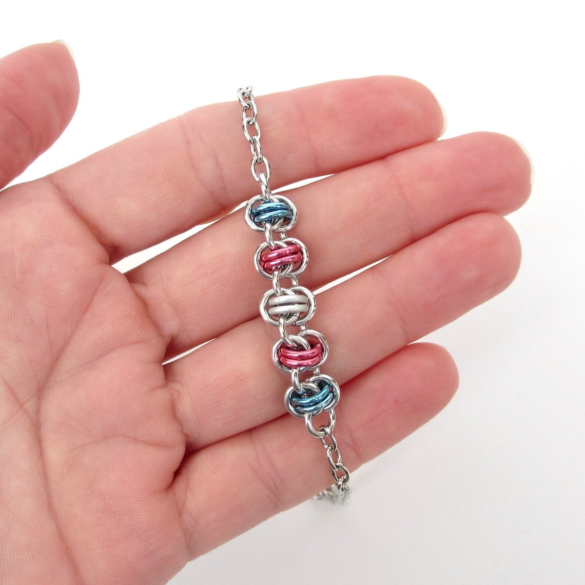 Transgender pride anklet, chainmail barrel weave, subtle trans flag jewelry gifts, anodized aluminum and stainless steel