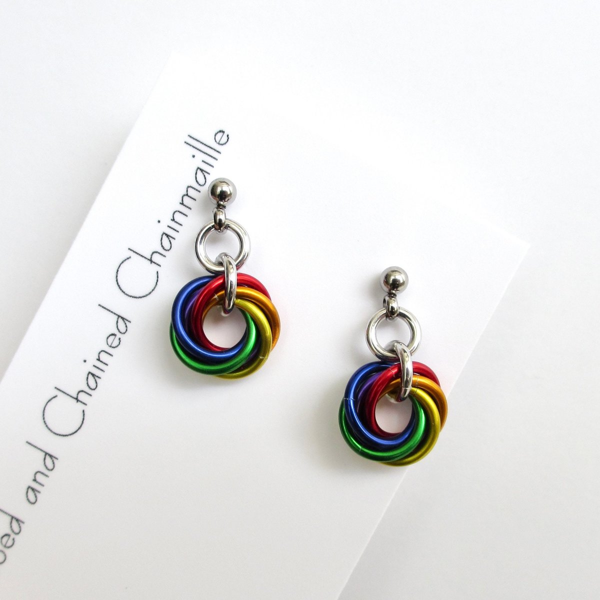 Tiny gay pride earrings, rainbow mini love knot chainmail jewelry, LGBTQ pride