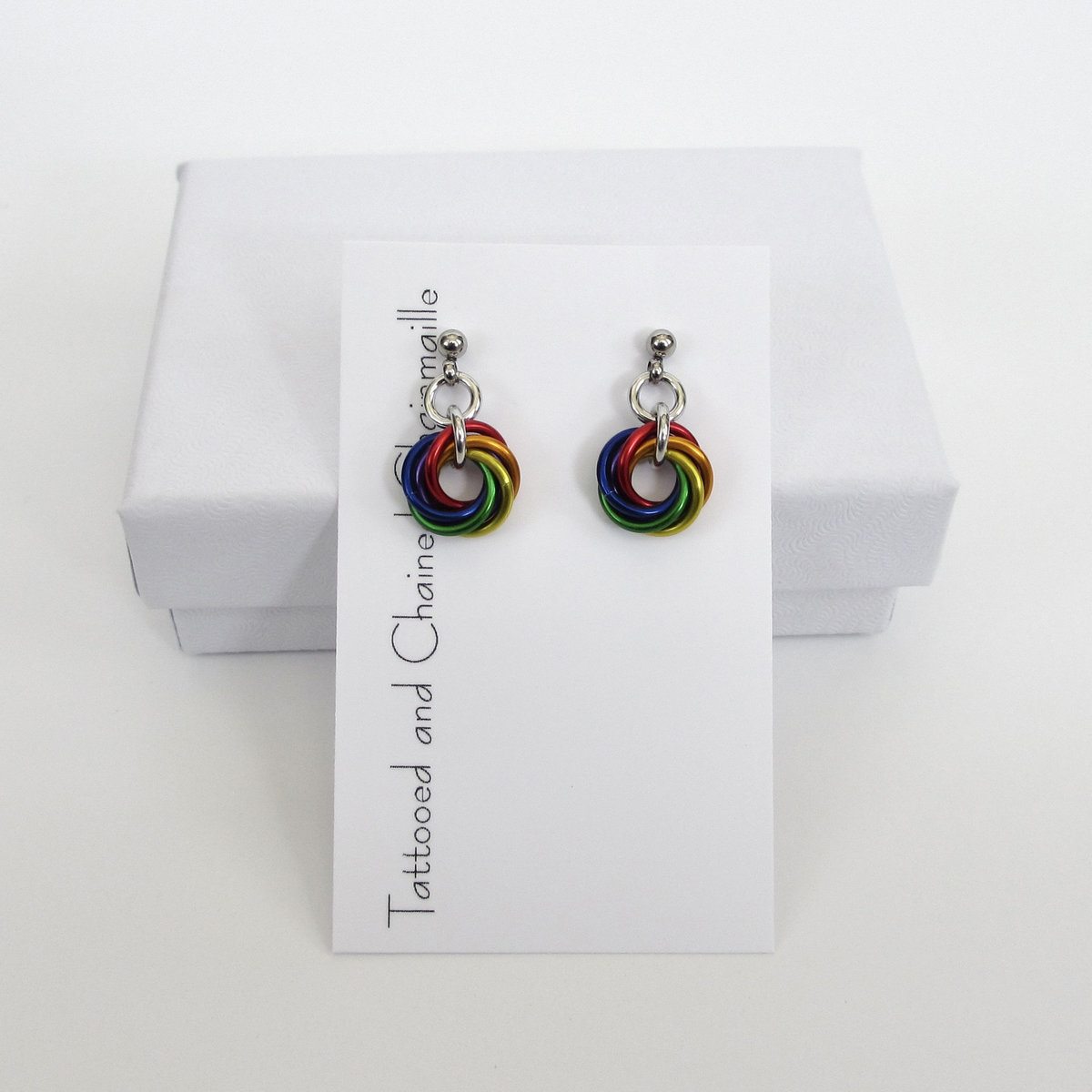 Tiny gay pride earrings, rainbow mini love knot chainmail jewelry, LGBTQ pride