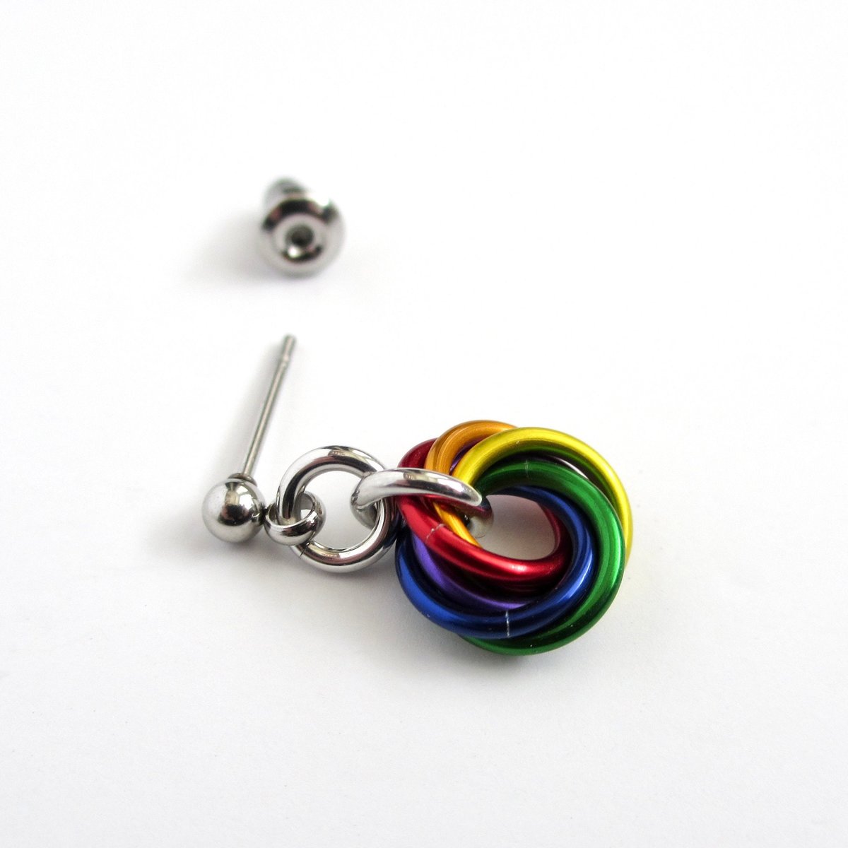 Tiny gay pride earrings, rainbow mini love knot chainmail jewelry, LGBTQ pride