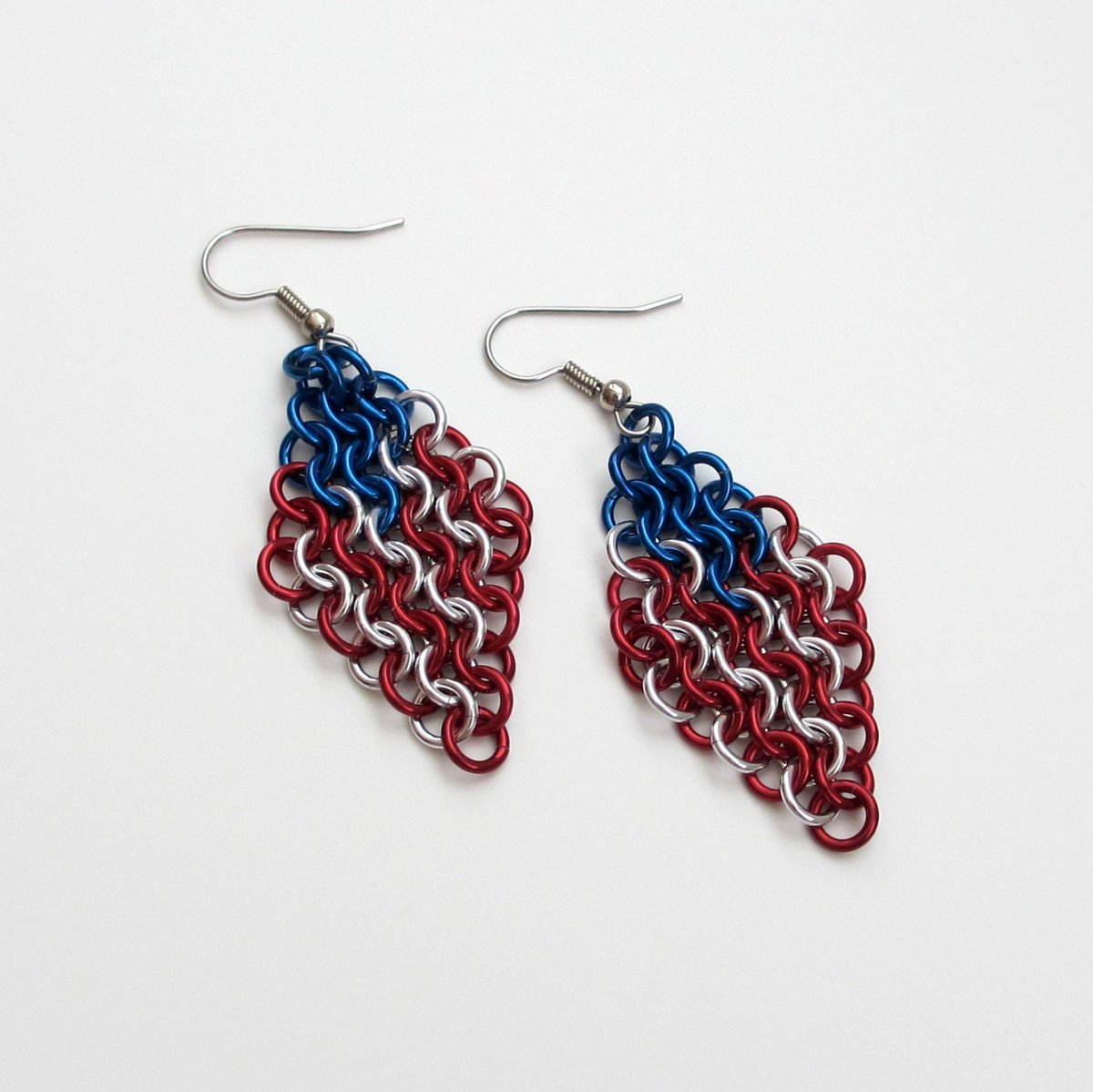 American flag earrings, chainmail European 4 in 1 weave, red white and blue earrings