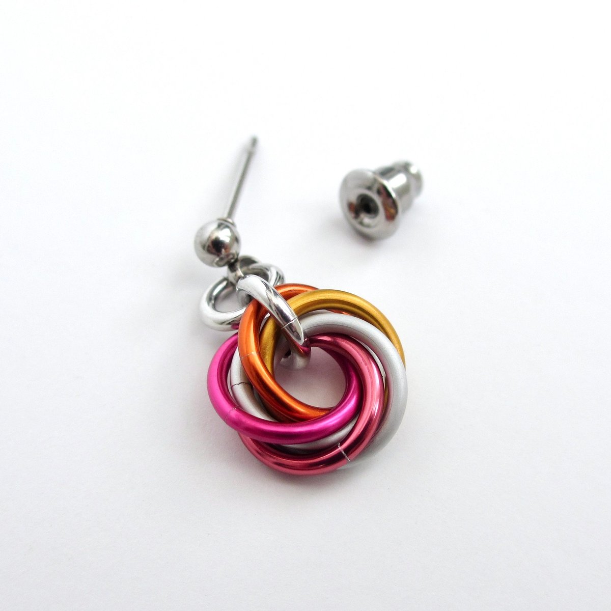 Tiny lesbian pride earrings, mini love knot chainmail jewelry, 5 color sunset pride flag