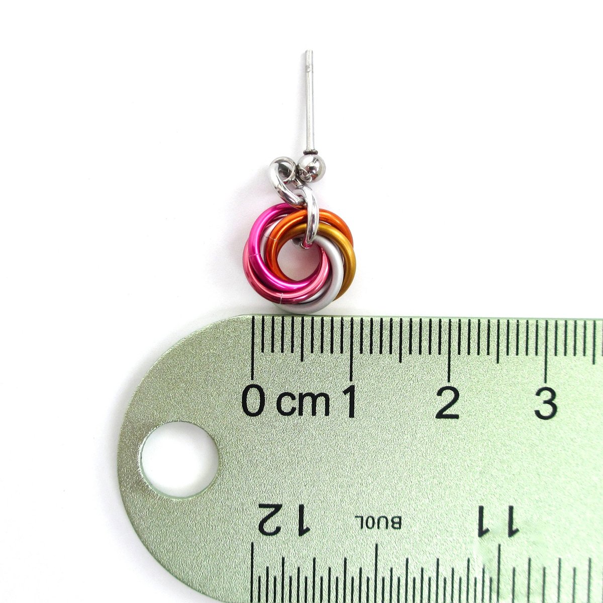 Tiny lesbian pride earrings, mini love knot chainmail jewelry, 5 color sunset pride flag