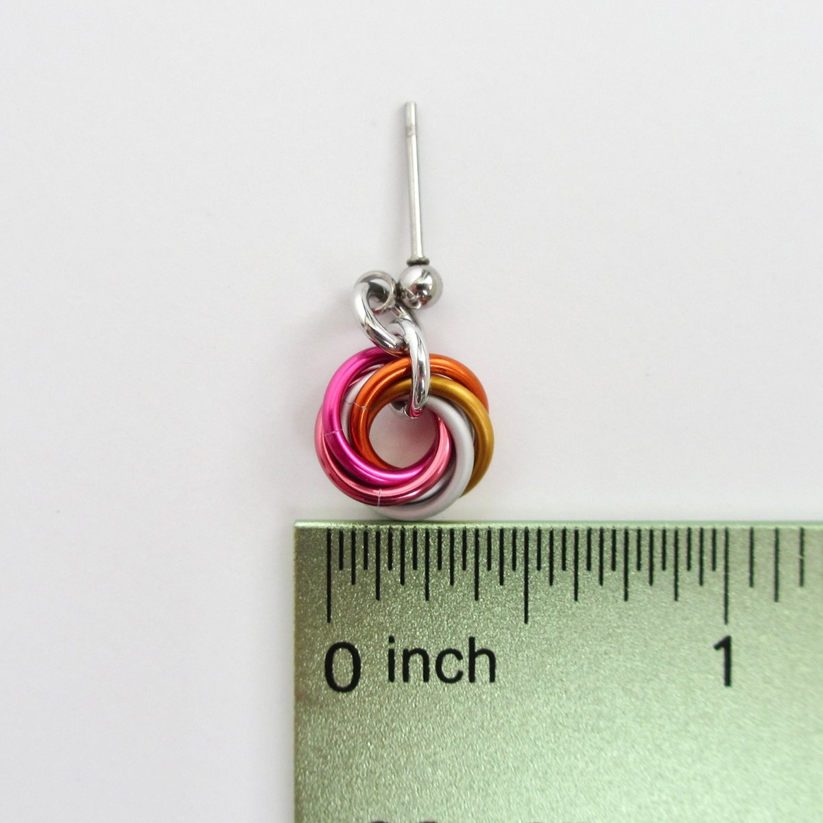 Tiny lesbian pride earrings, mini love knot chainmail jewelry, 5 color sunset pride flag
