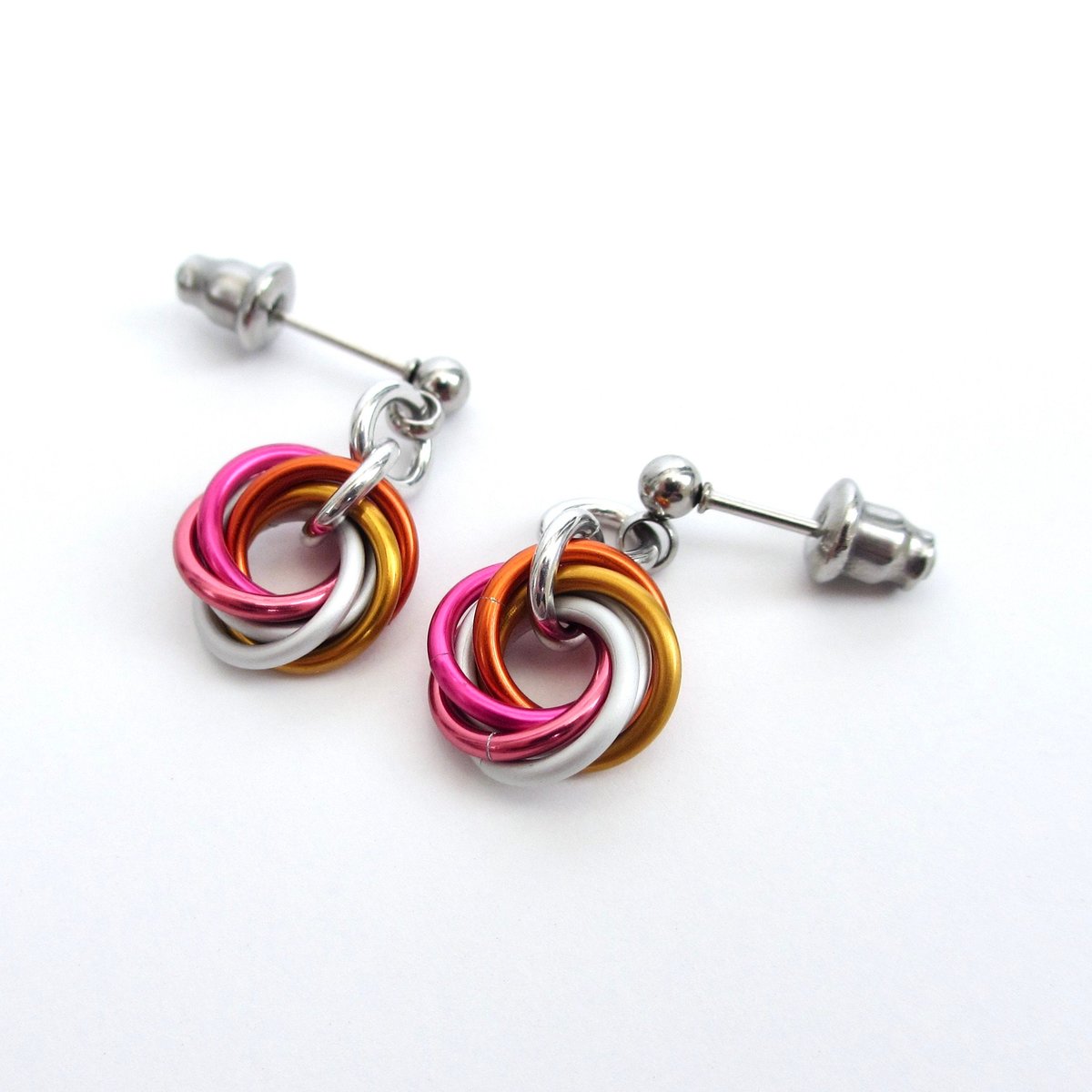 Tiny lesbian pride earrings, mini love knot chainmail jewelry, 5 color sunset pride flag