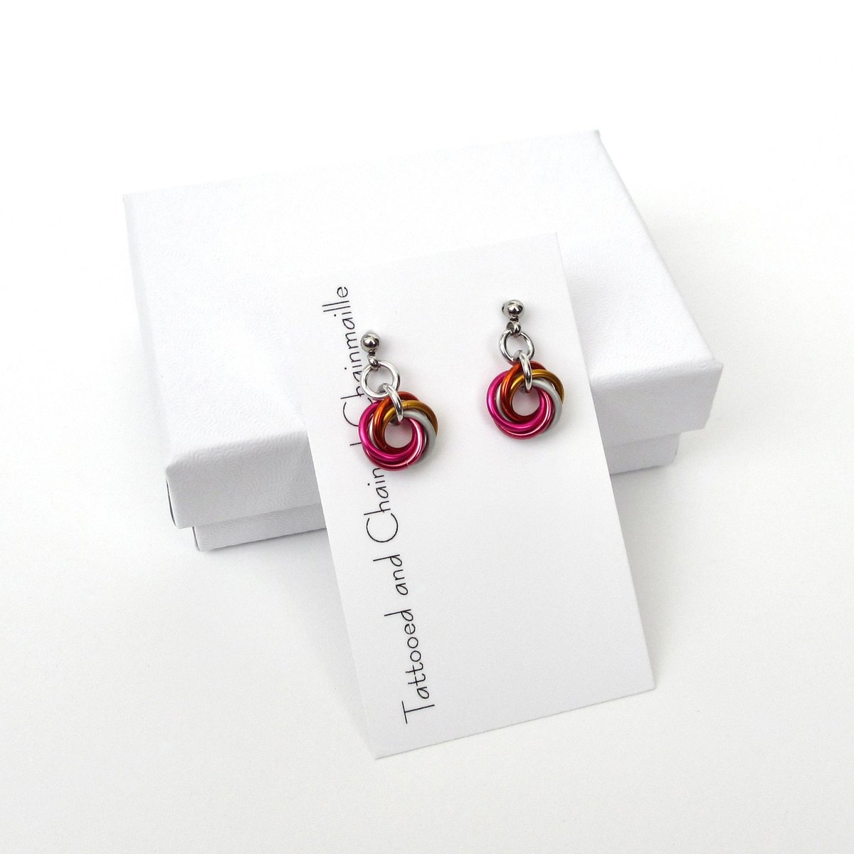 Tiny lesbian pride earrings, mini love knot chainmail jewelry, 5 color sunset pride flag