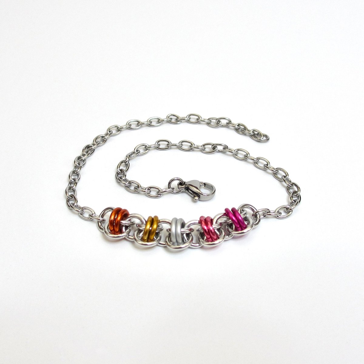 Lesbian pride anklet, chainmail barrel weave, LGBTQ sunset flag jewelry gifts, anodized aluminum and stainless steel
