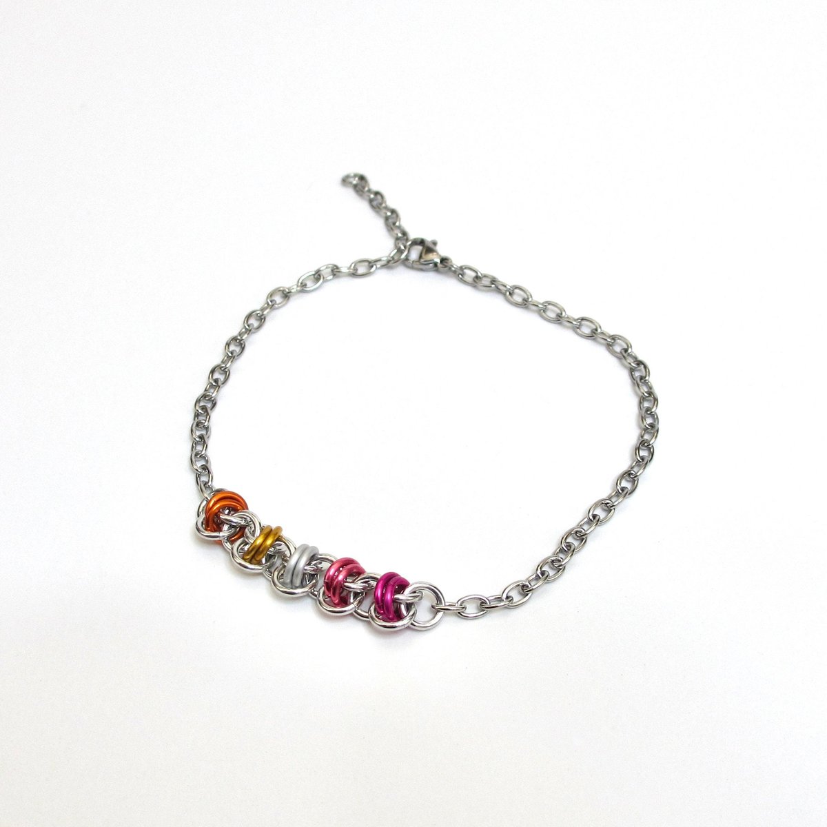 Lesbian pride anklet, chainmail barrel weave, LGBTQ sunset flag jewelry gifts, anodized aluminum and stainless steel