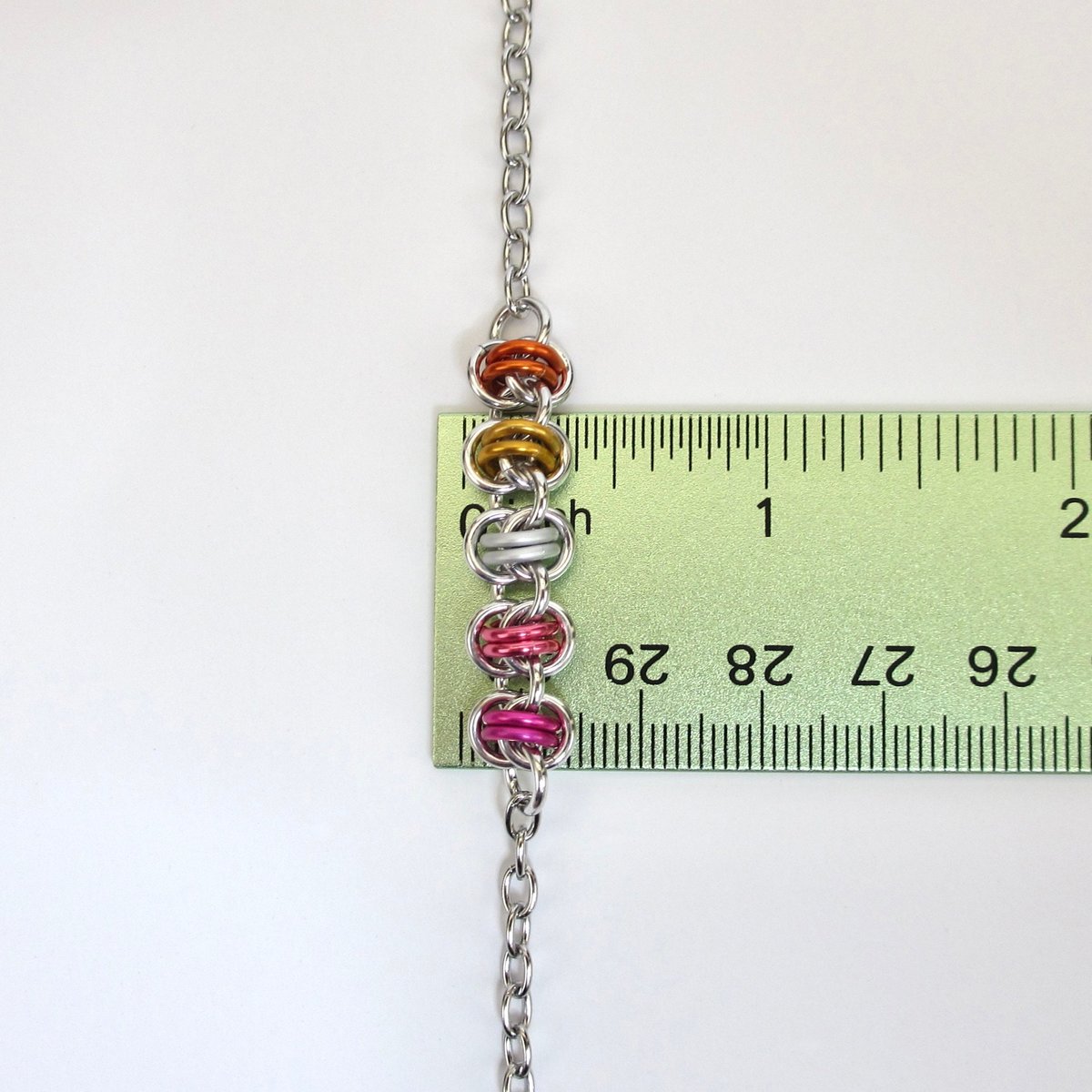Lesbian pride anklet, chainmail barrel weave, LGBTQ sunset flag jewelry gifts, anodized aluminum and stainless steel