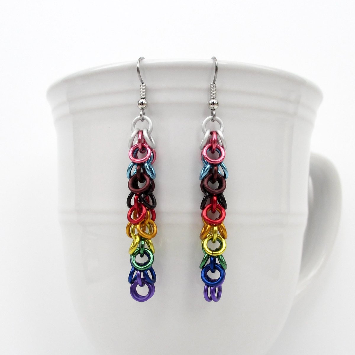 Progress pride flag earrings, inclusive LGBTQIA jewelry, chainmail shaggy loops weave