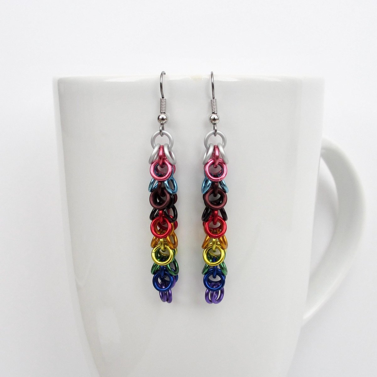 Progress pride flag earrings, inclusive LGBTQIA jewelry, chainmail shaggy loops weave