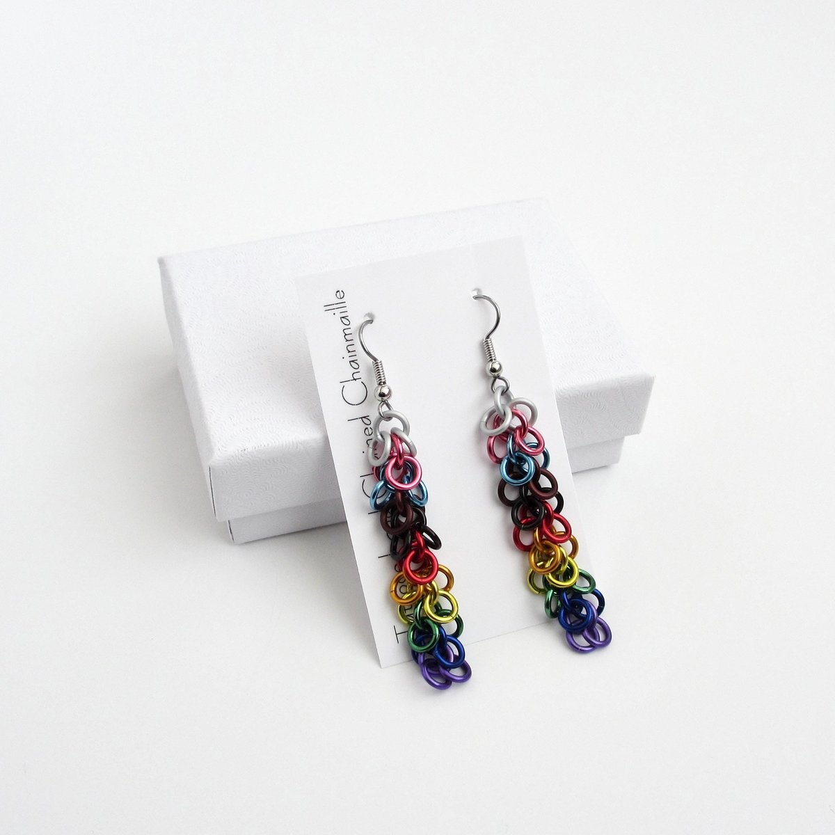 Progress pride flag earrings, inclusive LGBTQIA jewelry, chainmail shaggy loops weave