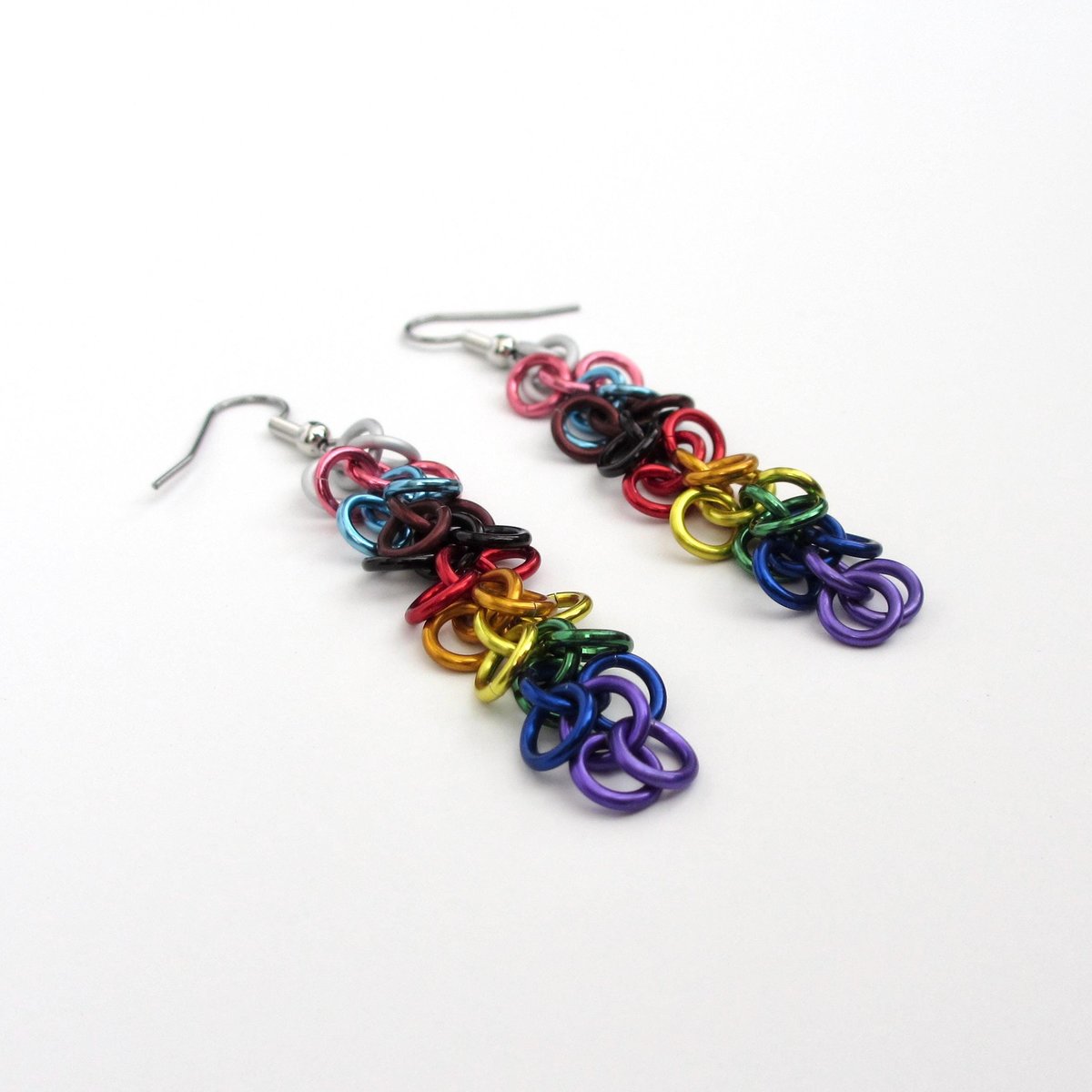 Progress pride flag earrings, inclusive LGBTQIA jewelry, chainmail shaggy loops weave