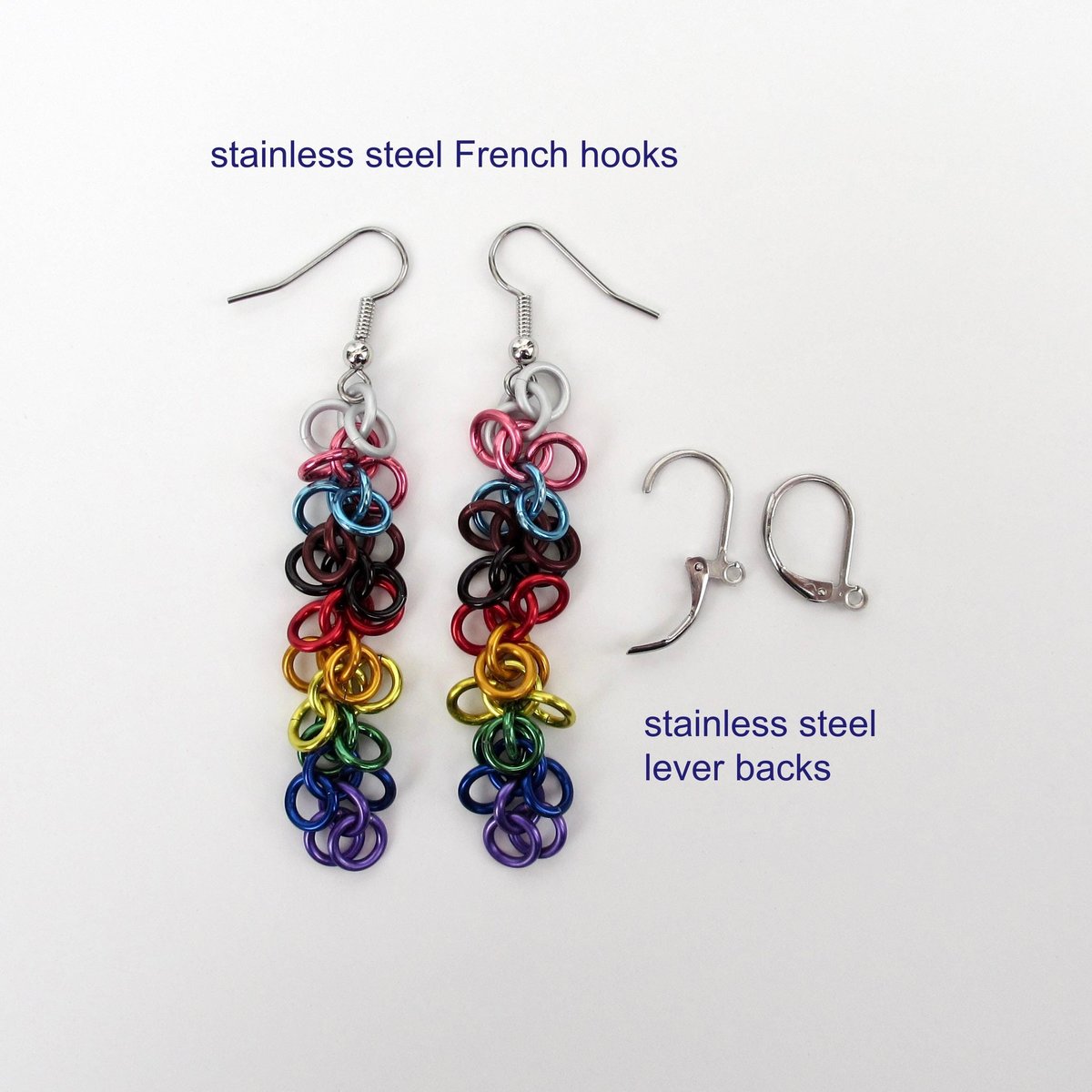 Progress pride flag earrings, inclusive LGBTQIA jewelry, chainmail shaggy loops weave
