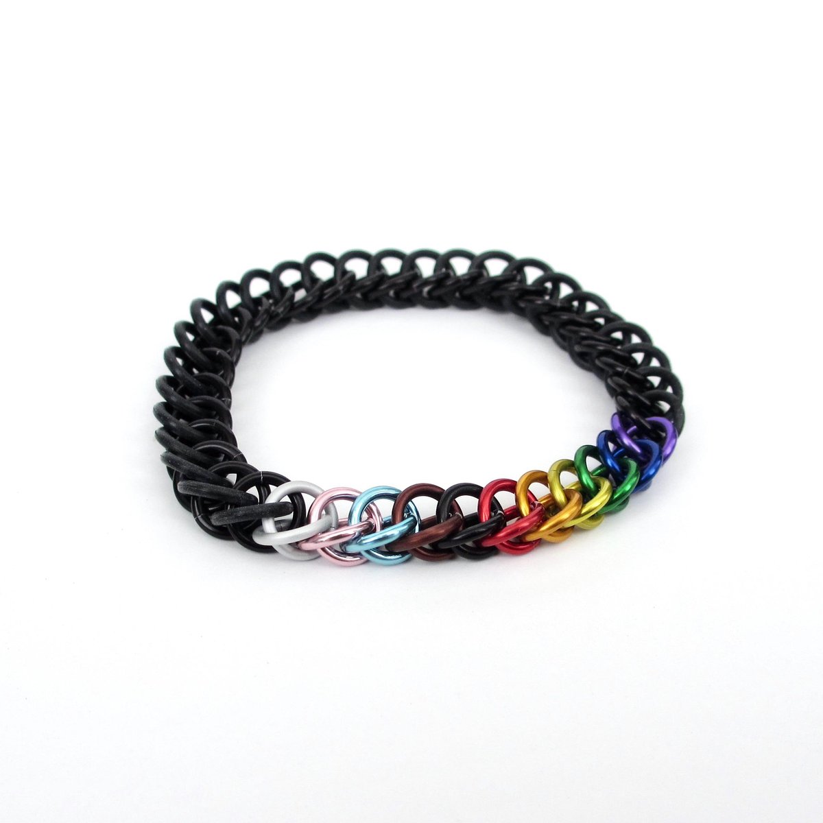Progress pride flag bracelet, stretchy chainmail half Persian 3 in 1 weave, discreet LGBTQIA jewelry
