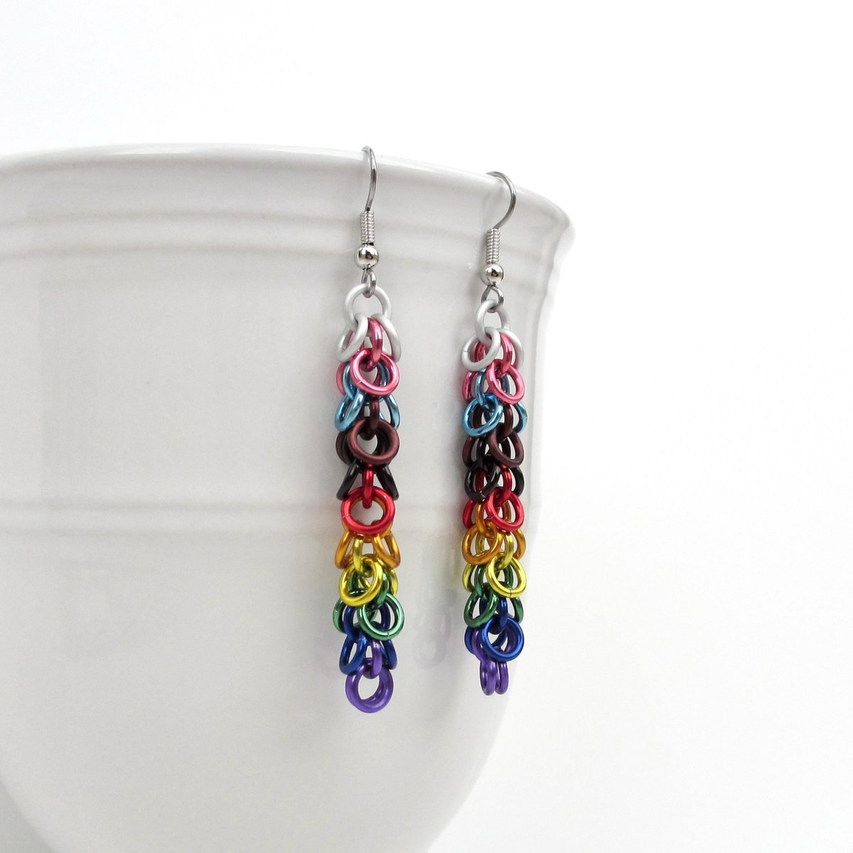 Progress pride flag earrings, inclusive LGBTQIA jewelry, chainmail shaggy loops weave