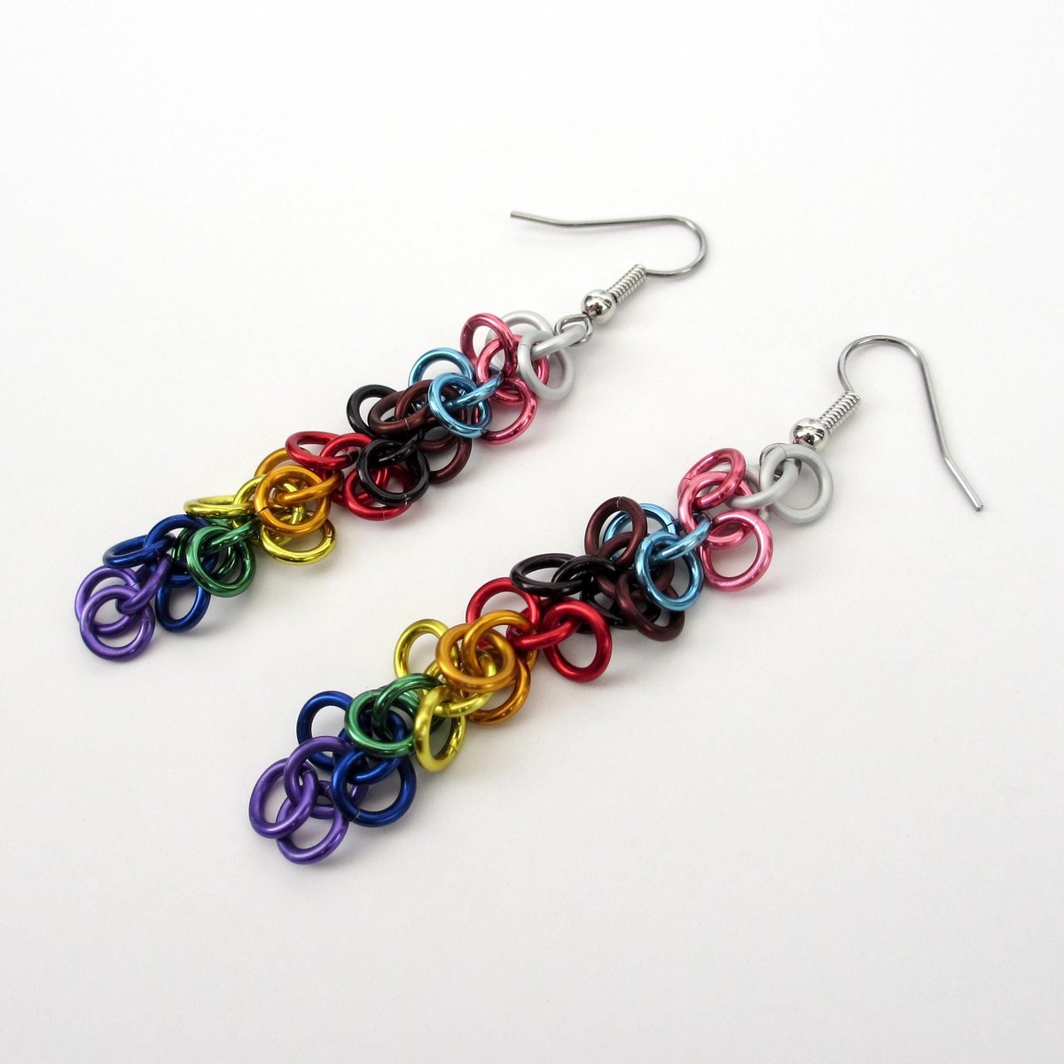 Progress pride flag earrings, inclusive LGBTQIA jewelry, chainmail shaggy loops weave