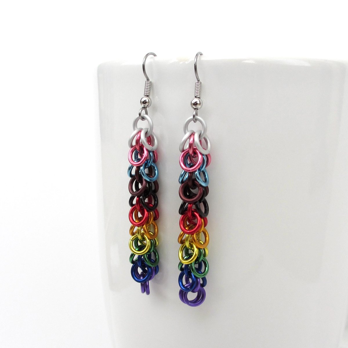 Progress pride flag earrings, inclusive LGBTQIA jewelry, chainmail shaggy loops weave