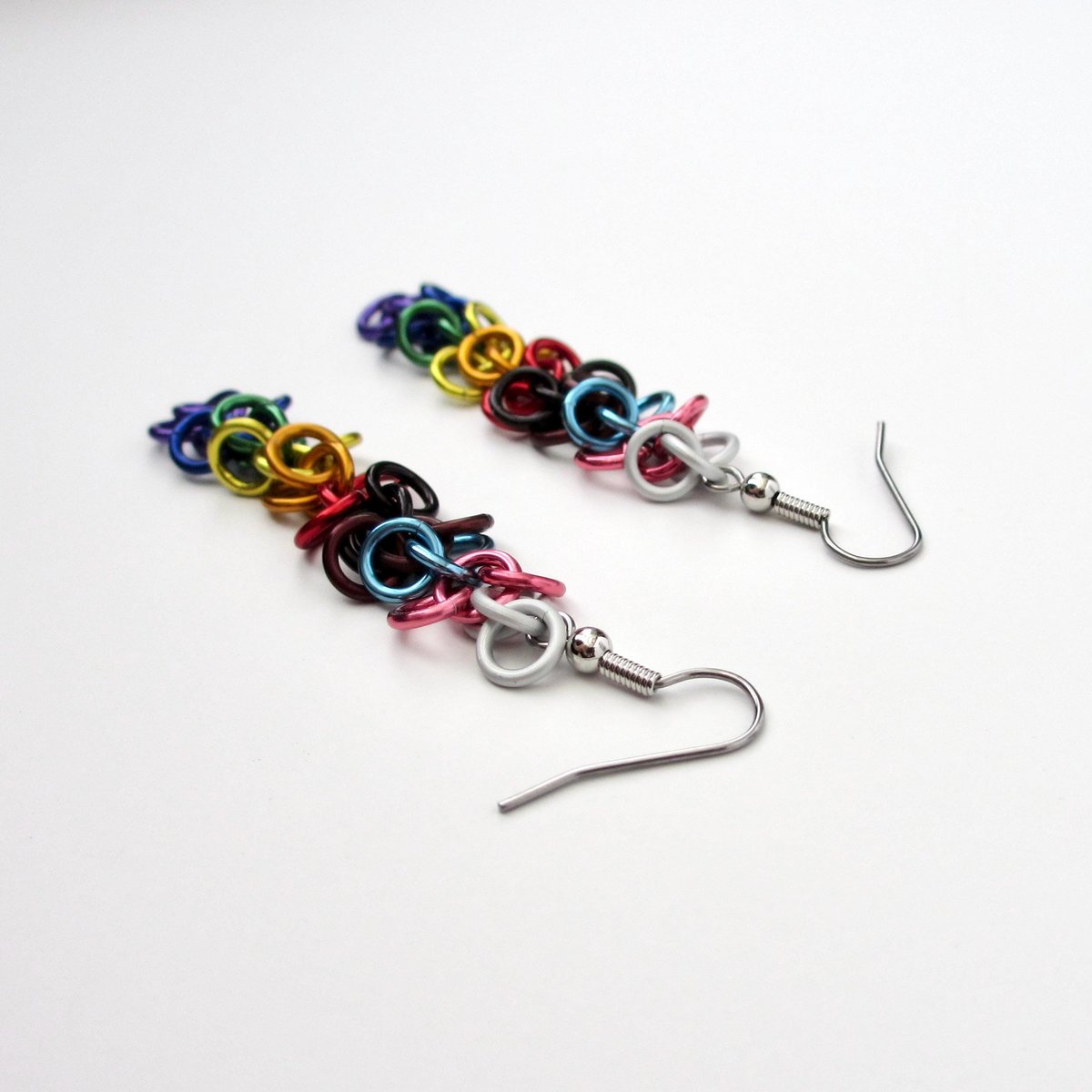 Progress pride flag earrings, inclusive LGBTQIA jewelry, chainmail shaggy loops weave