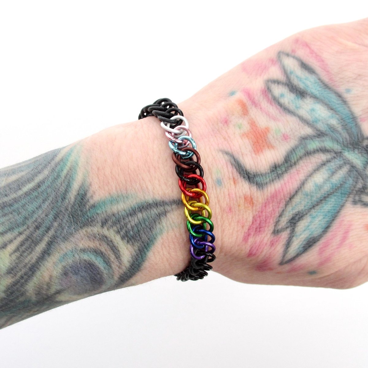 Progress pride flag bracelet, stretchy chainmail half Persian 3 in 1 weave, discreet LGBTQIA jewelry