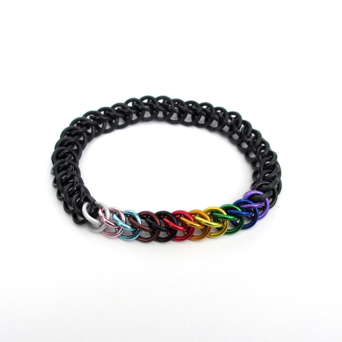 Progress pride flag bracelet, stretchy chainmail half Persian 3 in 1 weave, discreet LGBTQIA jewelry