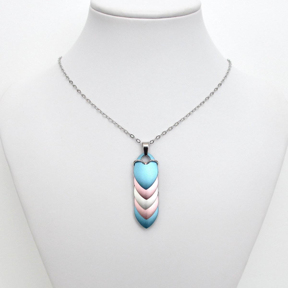 Transgender Pride Pendant Necklace, 5 stripe flag, handmade scalemail jewelry in pastel blue, pink & white- LGBTQ+ pride gift