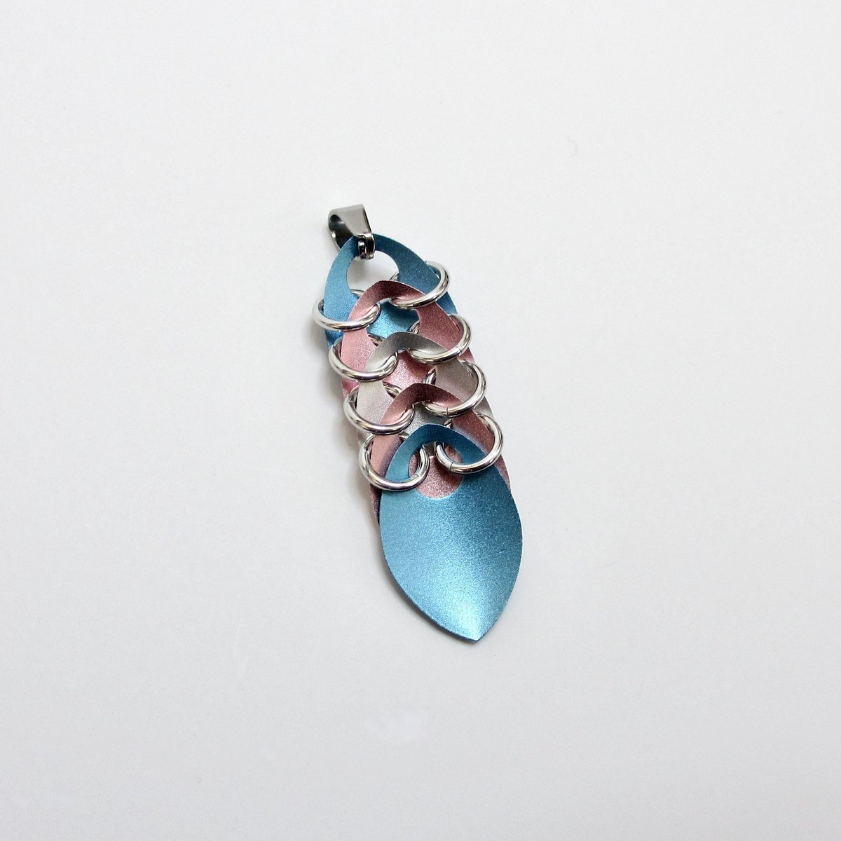 Transgender Pride Pendant Necklace, 5 stripe flag, handmade scalemail jewelry in pastel blue, pink & white- LGBTQ+ pride gift
