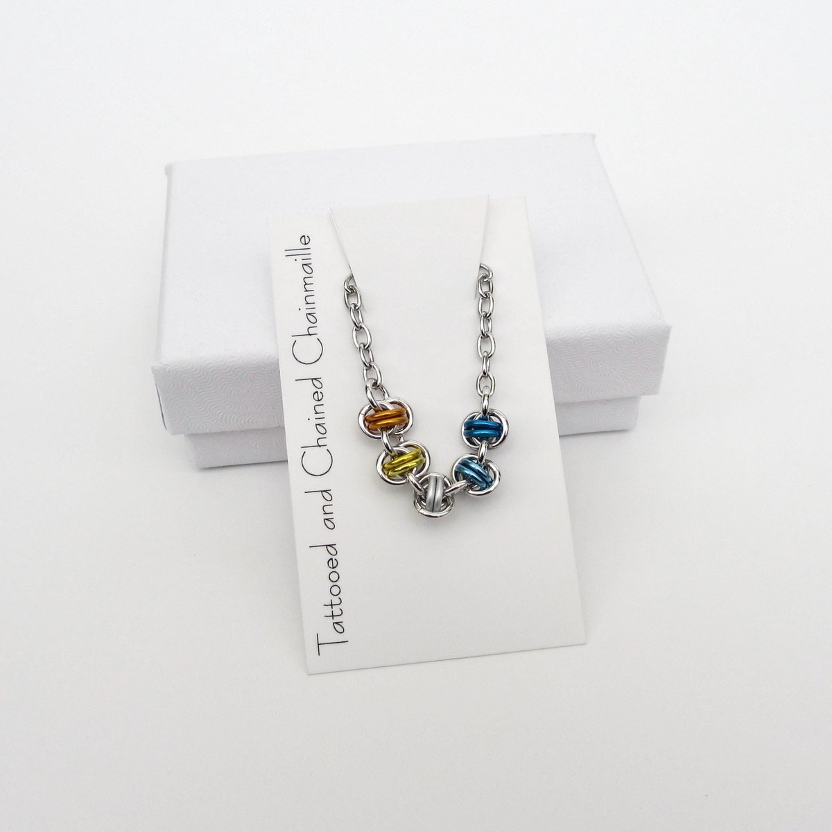 AroAce pride anklet, chainmail barrel weave, LGBTQIA jewelry, anodized aluminum and stainless steel