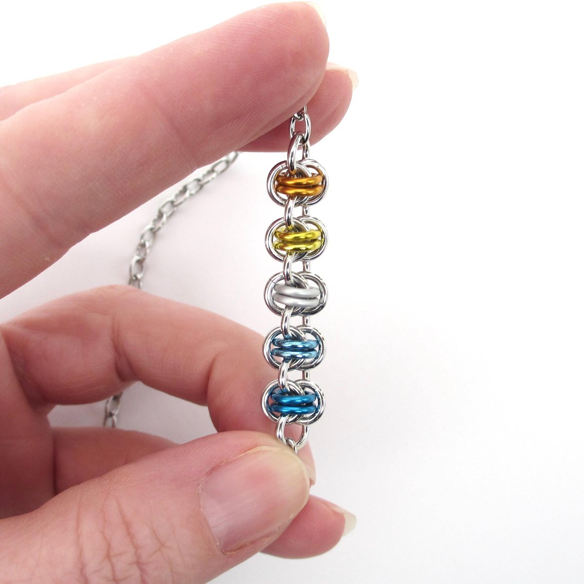 AroAce pride anklet, chainmail barrel weave, LGBTQIA jewelry, anodized aluminum and stainless steel