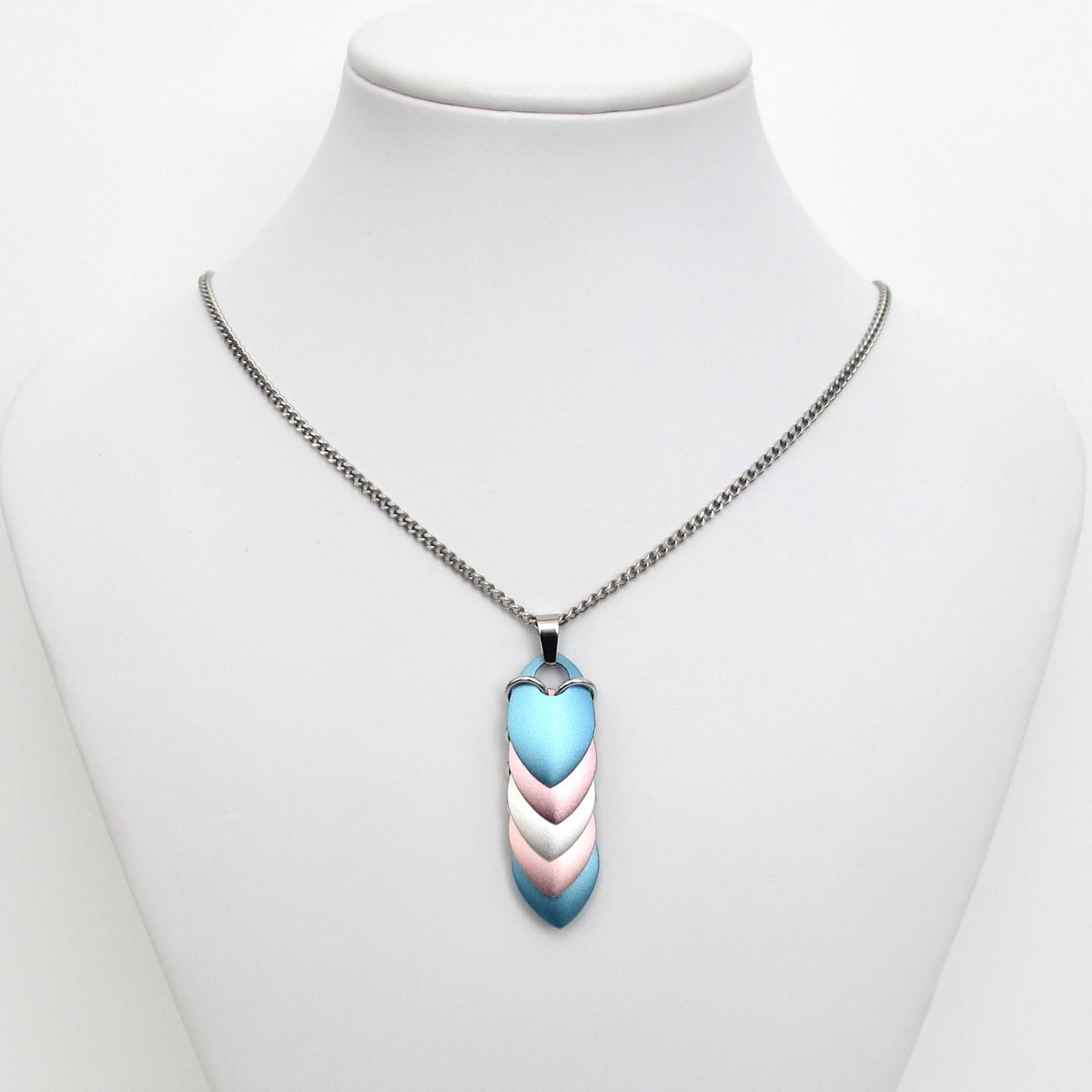Transgender Pride Pendant Necklace, 5 stripe flag, handmade scalemail jewelry in pastel blue, pink & white- LGBTQ+ pride gift