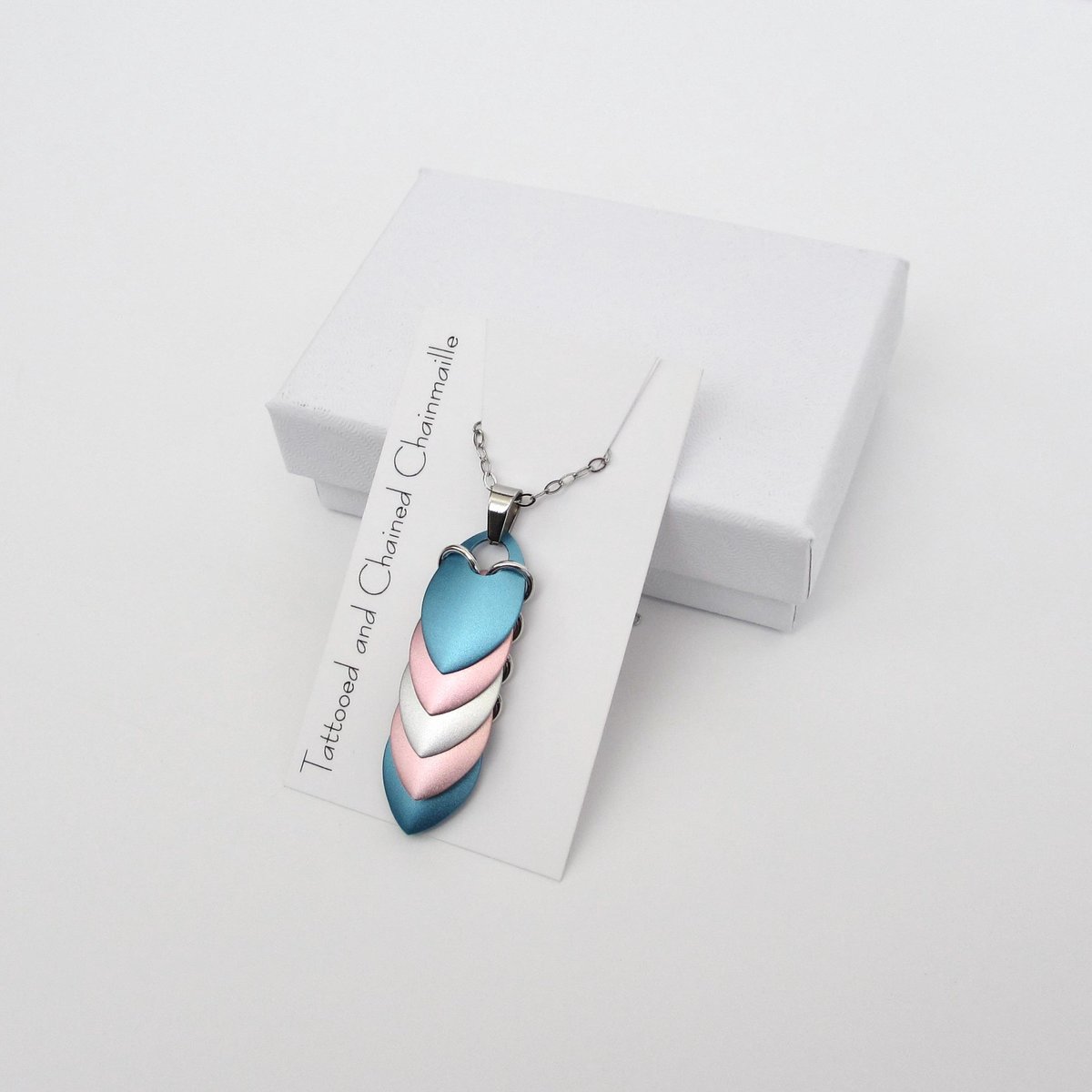 Transgender Pride Pendant Necklace, 5 stripe flag, handmade scalemail jewelry in pastel blue, pink & white- LGBTQ+ pride gift