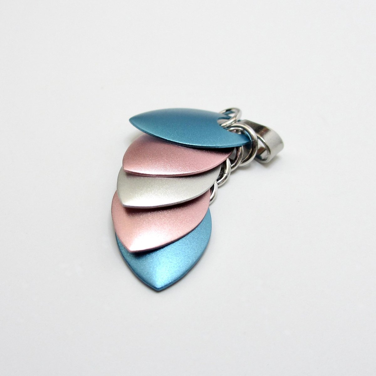 Transgender Pride Pendant Necklace, 5 stripe flag, handmade scalemail jewelry in pastel blue, pink & white- LGBTQ+ pride gift